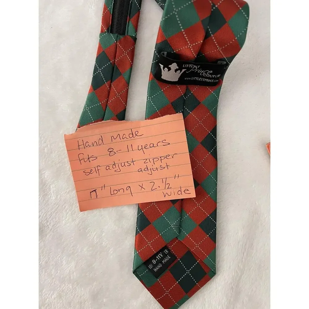 BOYS TIE 8 - 11 years zipper Diamond Red Green LITTLEST PRINCE COUTURE